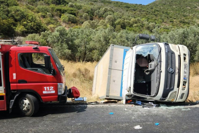 Kontrolden Çıkan Kamyon Yan Yattı